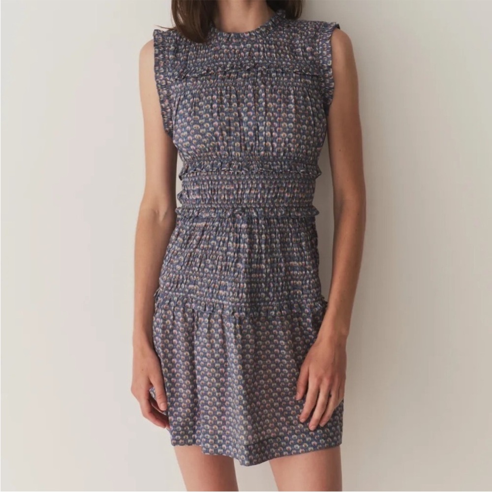 DOEN 100% Cotton Smocked Mini Dress Tracie Blue Dahlia Ikat